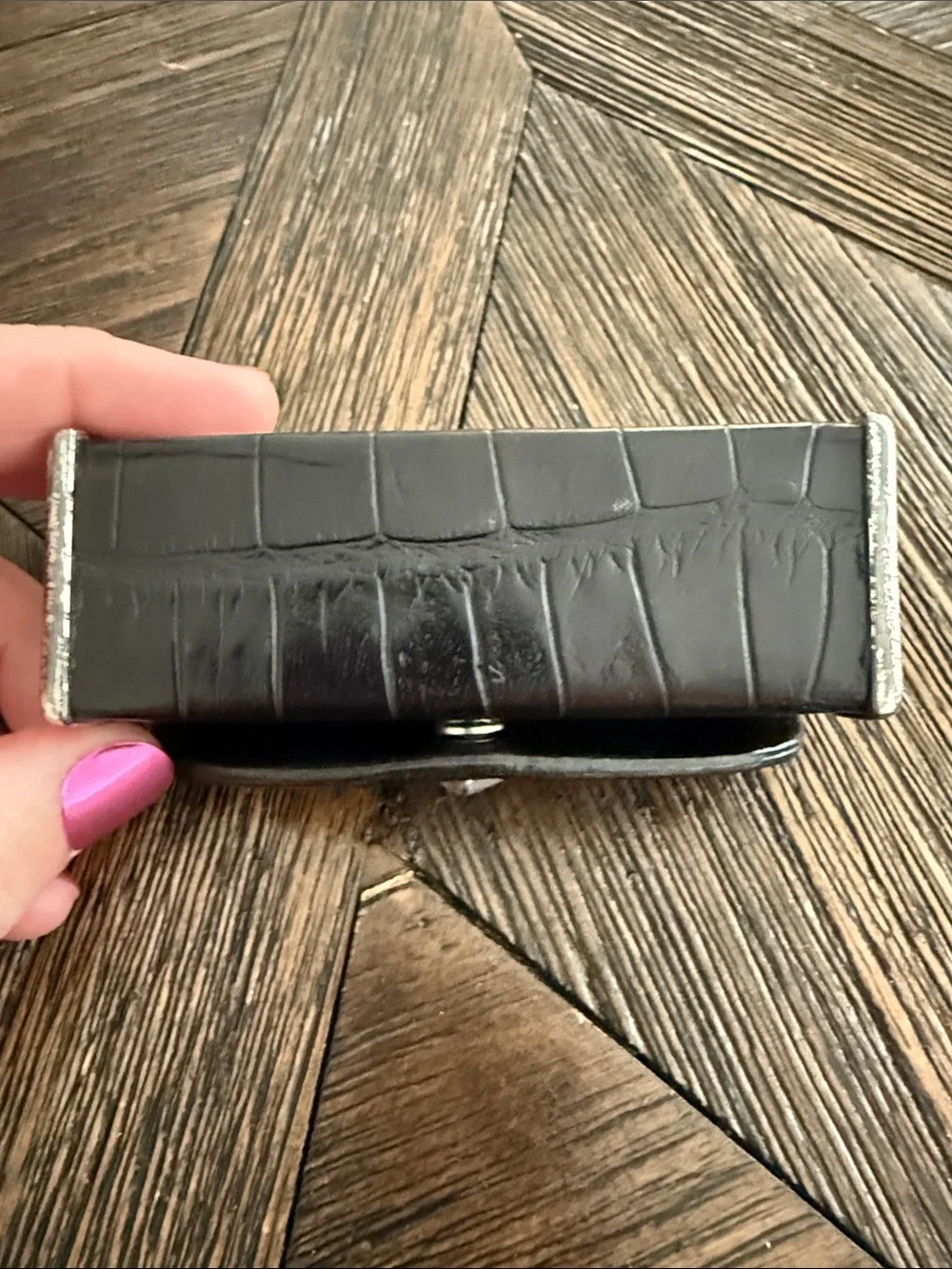 Brighton Black Croc Embossed Leather Lipstick Case Heart Snap Mirror Makeup Hold